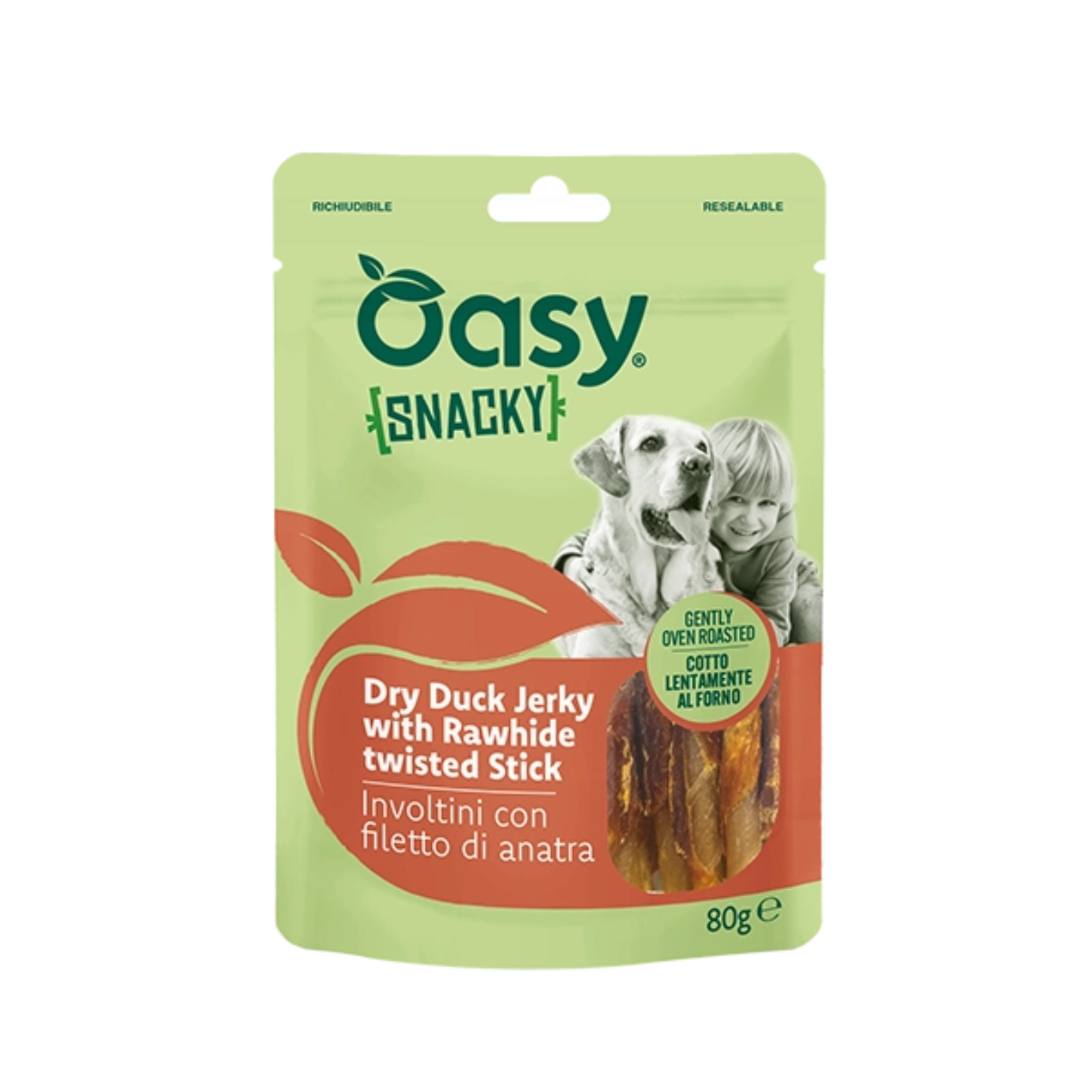 OZ8670 Oasy Snack Dog - SNACKY Dry Duck jerky with Rawhide Twisted Stick 80 gr - Figura 1